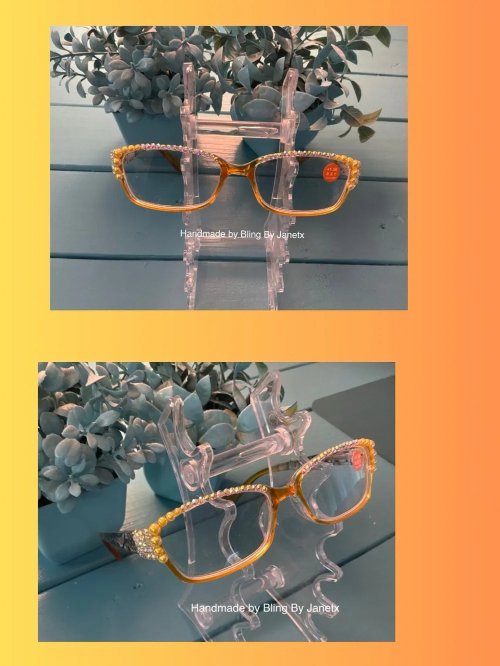 Handmade Crystal-Embellished Reading (+1.50) Glasses - Yellow